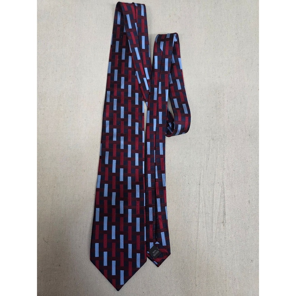 Bachrach Mens Silk Necktie Burgundy Red Blue Geometric Basketweave Pattern Tie